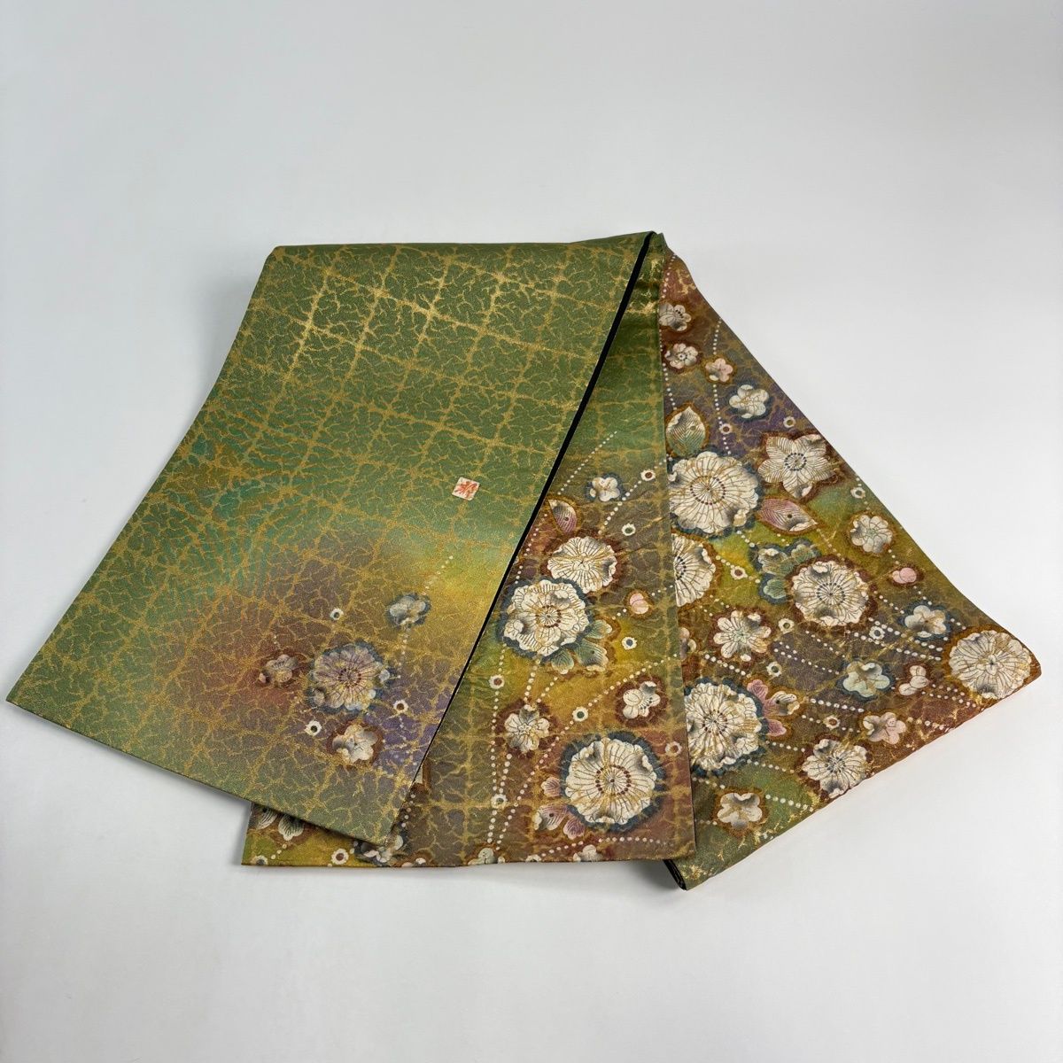 袋帯 落款 草花 金糸 箔 よもぎ色 お太鼓柄 正絹 袋帯 帯
