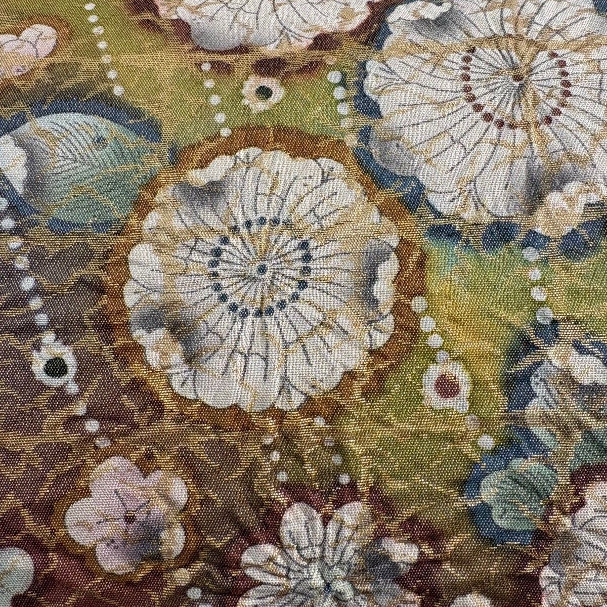 袋帯 落款 草花 金糸 箔 よもぎ色 お太鼓柄 正絹