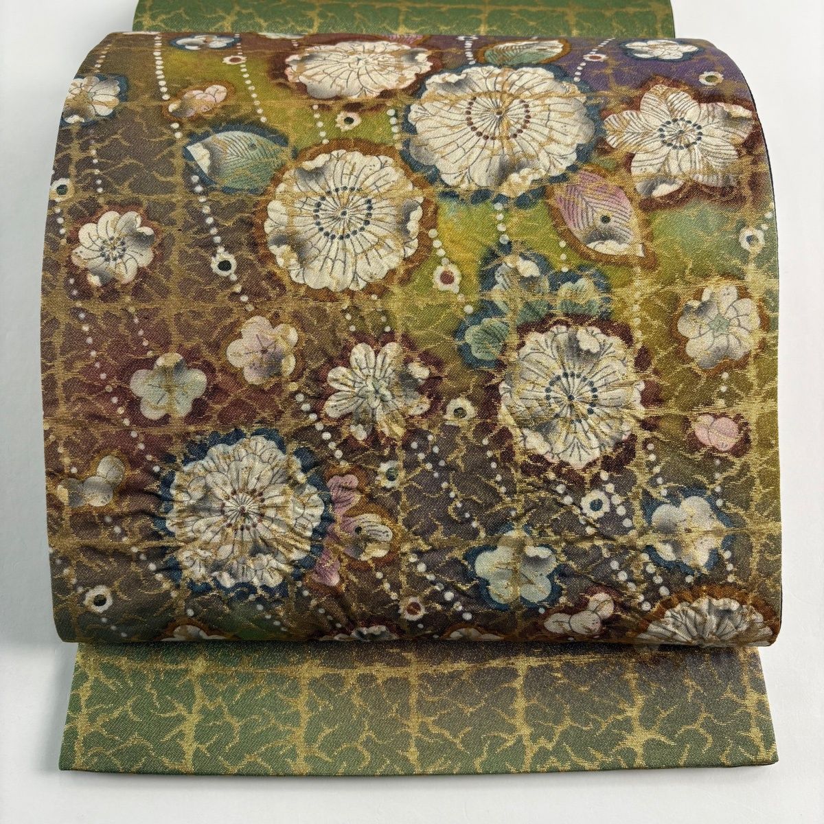 袋帯 落款 草花 金糸 箔 よもぎ色 お太鼓柄 正絹