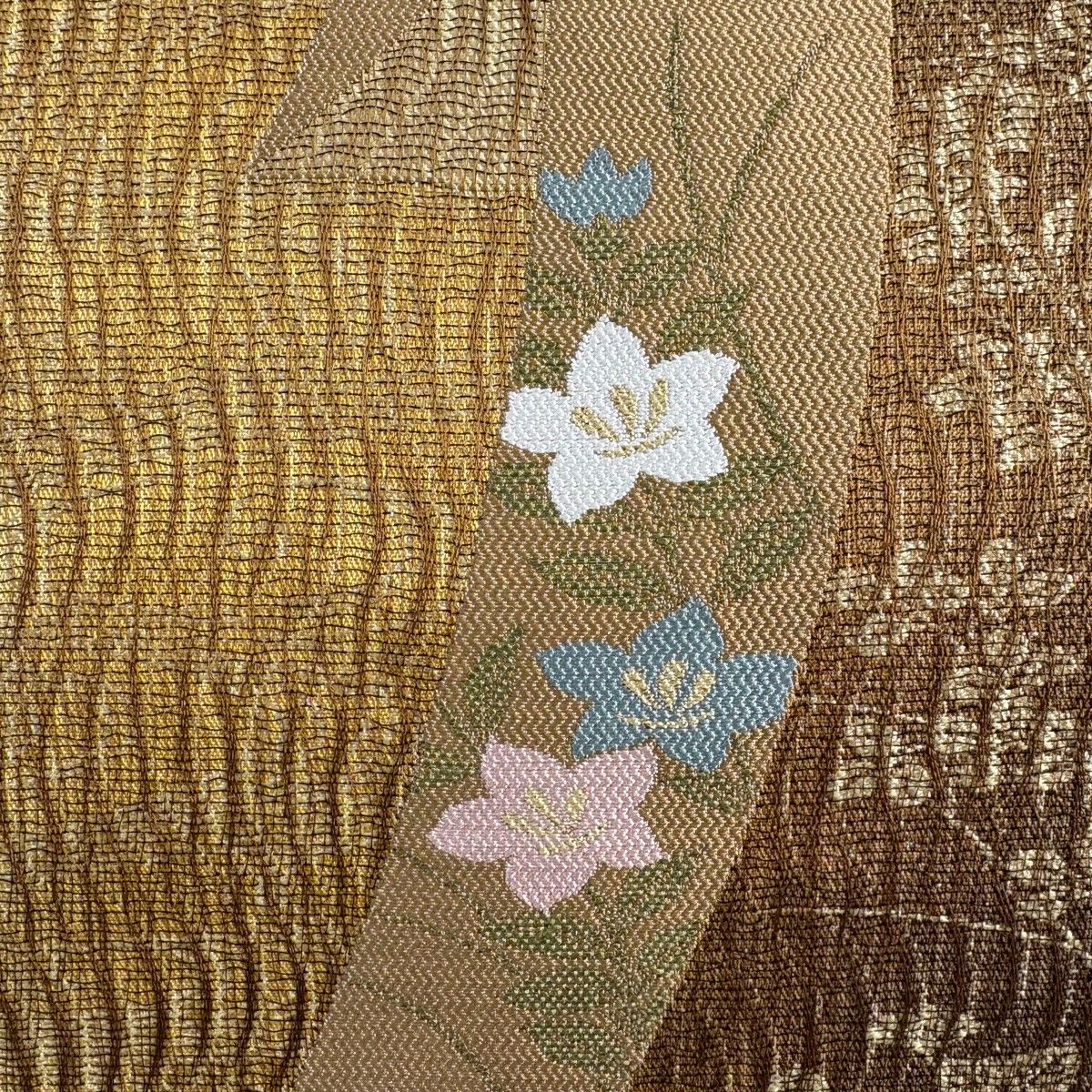 袋帯 落款 寺田寛志 全通泥染 短冊 菊 箔 山吹茶色 全通 正絹