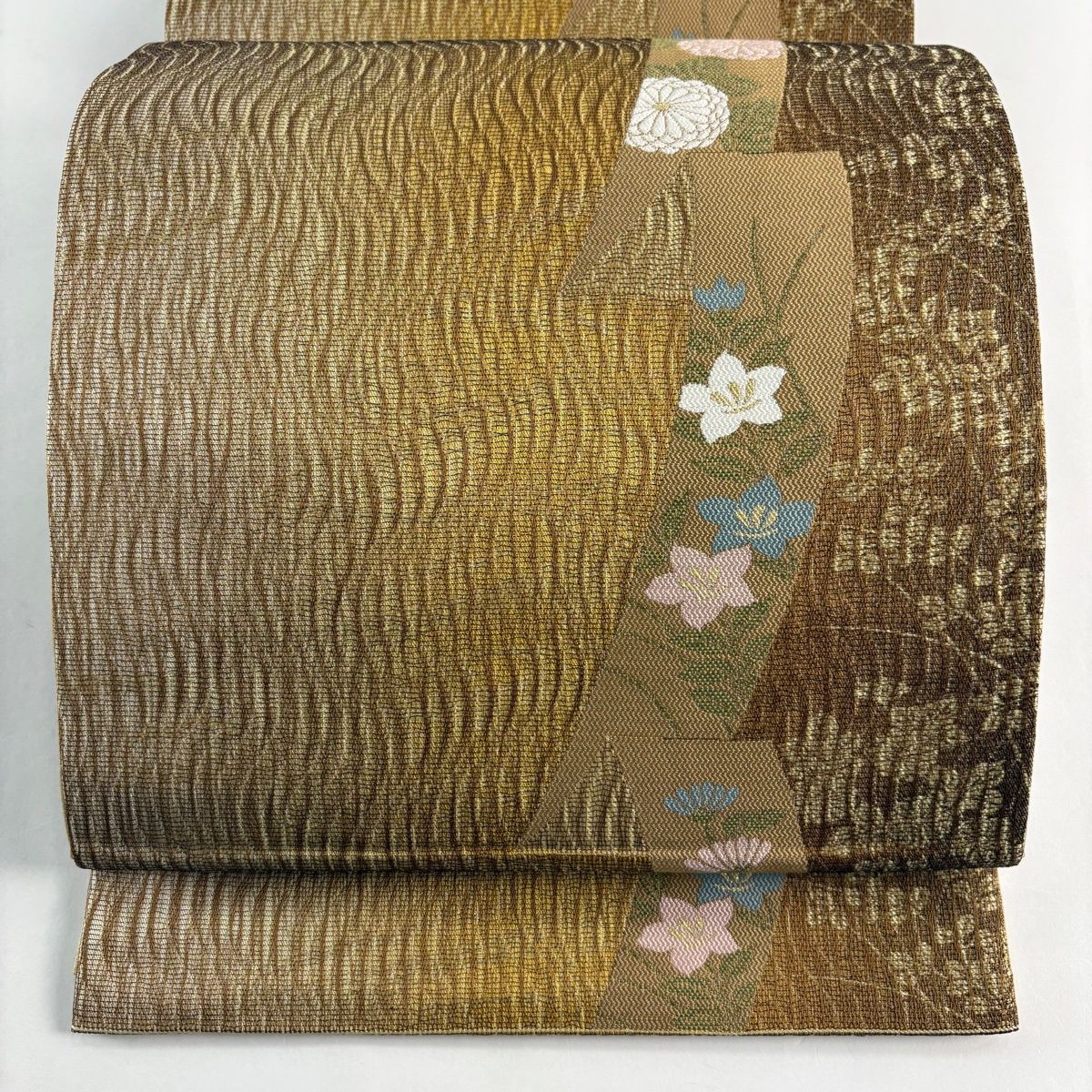 袋帯 落款 寺田寛志 全通泥染 短冊 菊 箔 山吹茶色 全通 正絹
