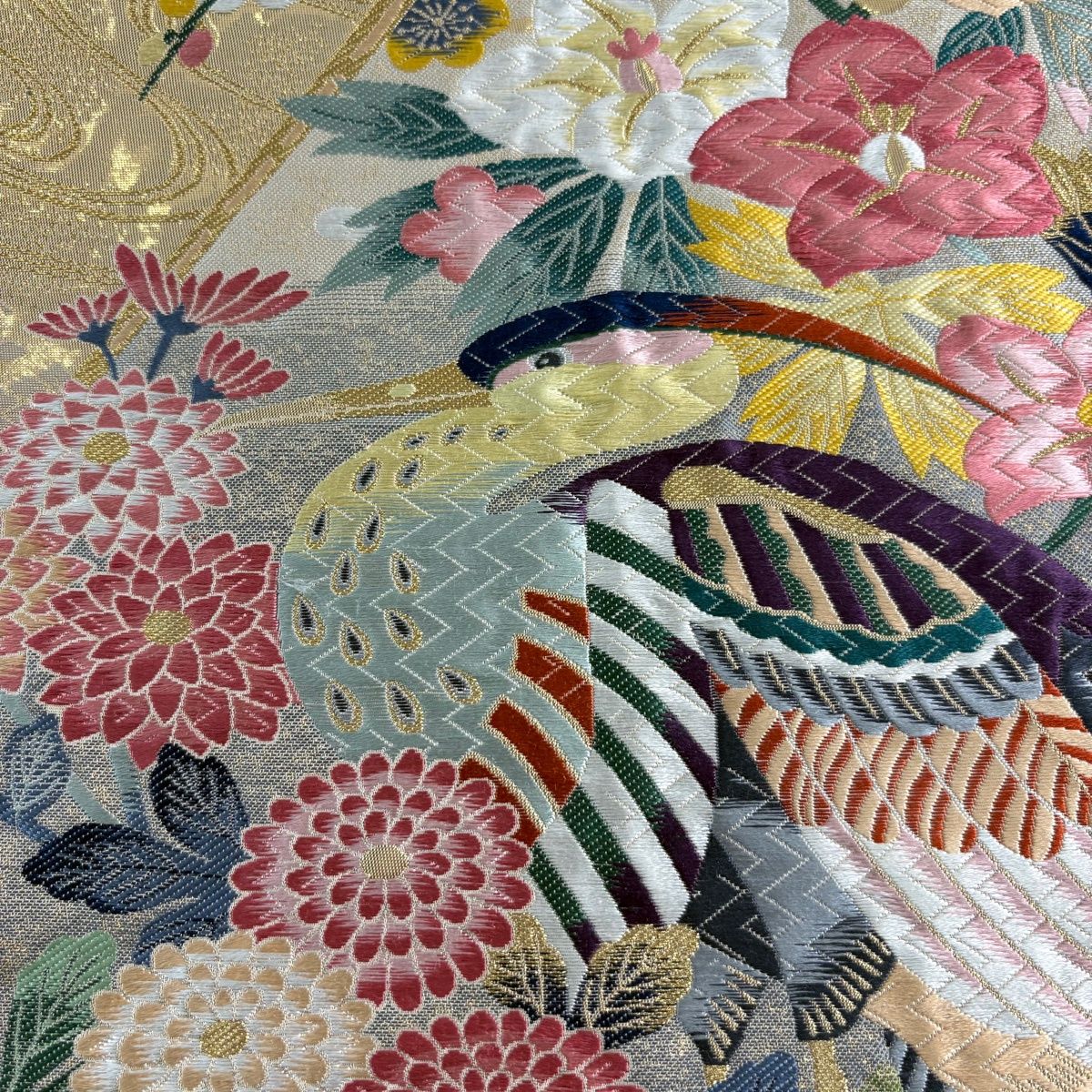 袋帯 名品 百貫華峰 落款 関西仕立て 鳥 草花 金糸 刺繍 ベージュ 六通