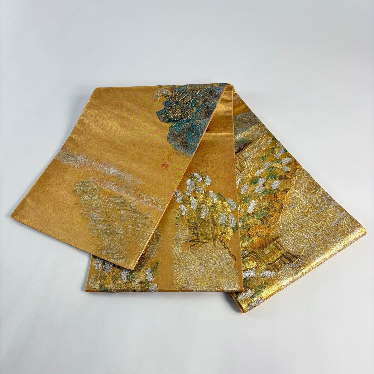 袋帯 名品 落款 建物 松 螺鈿 金銀彩 金色 お太鼓柄 正絹 【中古