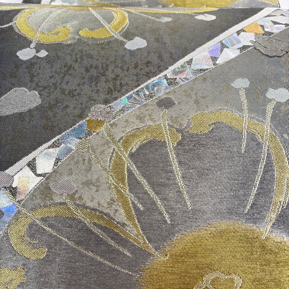 袋帯 花 箔散らし 金銀糸 金銀彩 灰色 六通 正絹