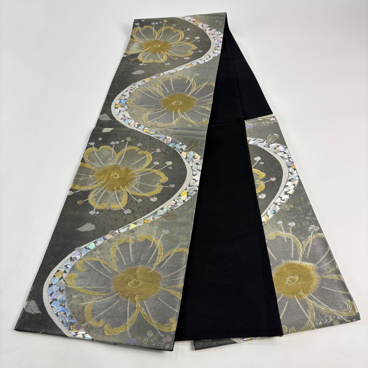  袋帯 花 箔散らし 金銀糸 金銀彩 灰色 六通 正絹 袋帯 帯