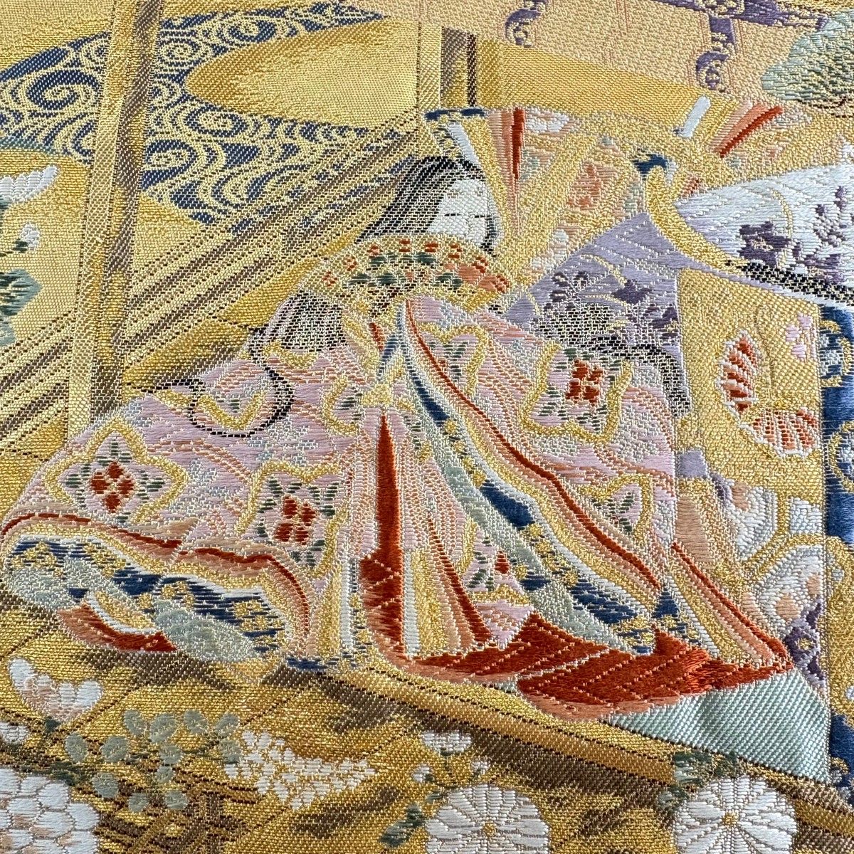 袋帯 長嶋成織物 落款 関西仕立て 姫 御所車 金糸 箔 金色 お太鼓柄 正絹