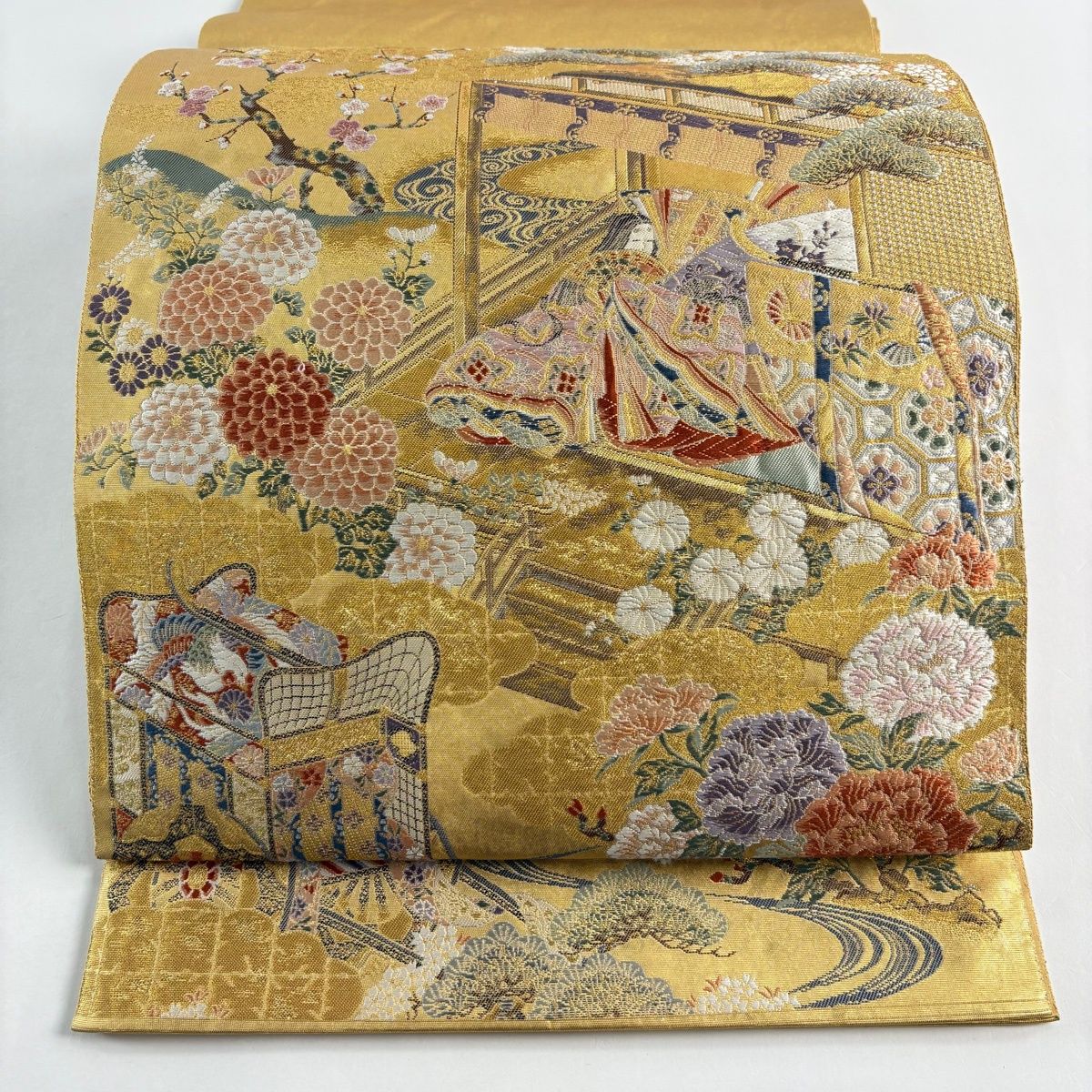 袋帯 長嶋成織物 落款 関西仕立て 姫 御所車 金糸 箔 金色 お太鼓柄 正絹