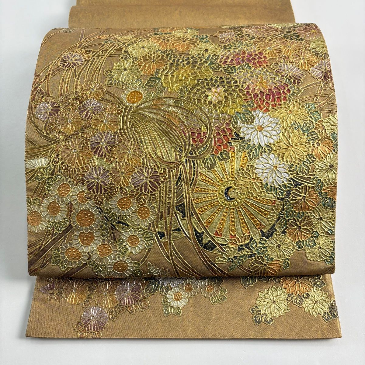 袋帯 落款 花車 菊 金銀彩 箔 金色 お太鼓柄 正絹