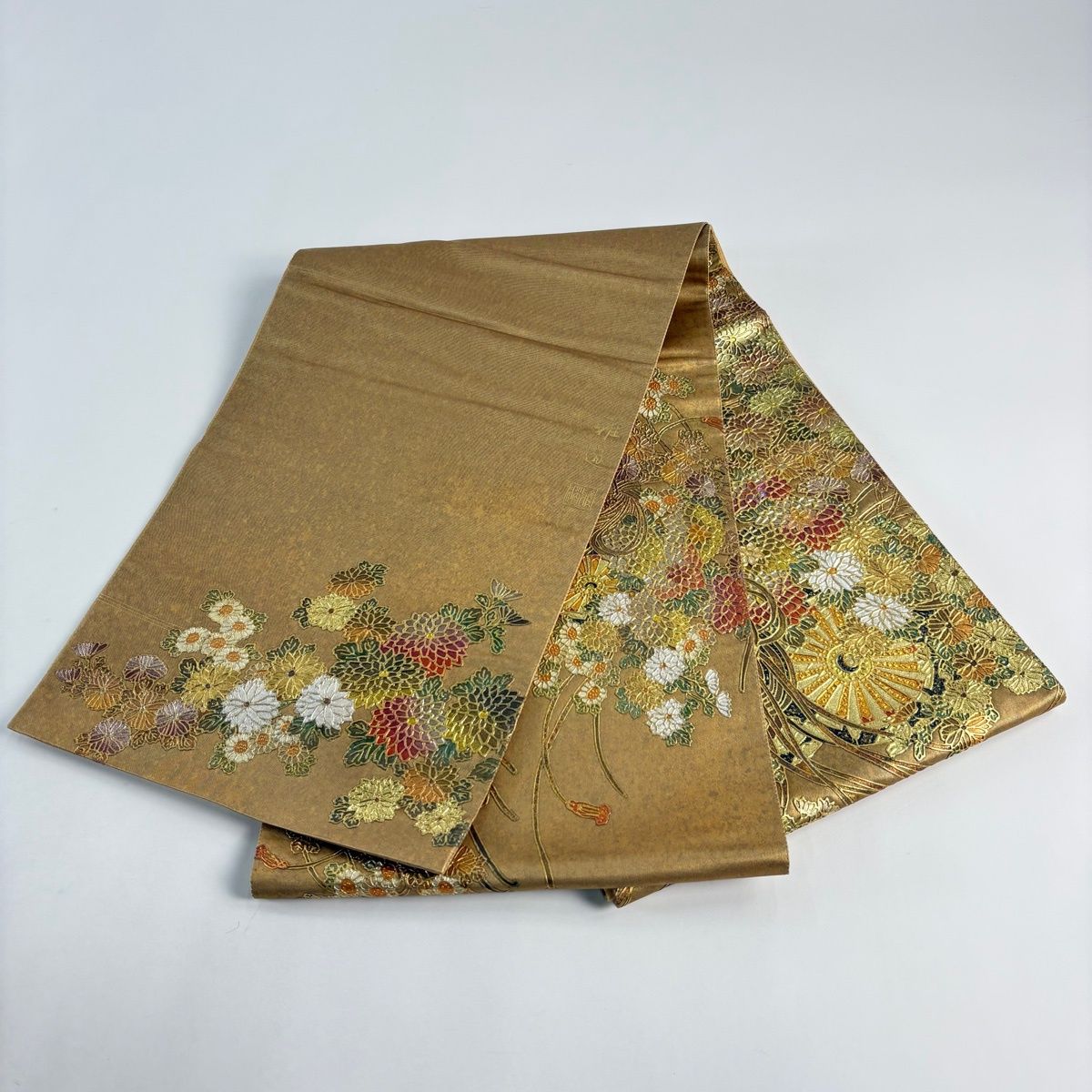  袋帯 落款 花車 菊 金銀彩 箔 金色 お太鼓柄 正絹 袋帯 帯