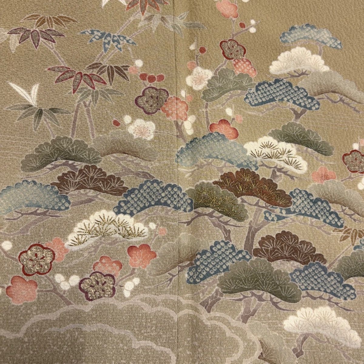  訪問着 身丈166 cm 裄丈67 M 袷 鈴乃屋 松竹梅 波 金銀彩 金糸 薄茶色 正絹 秀品 訪問着 付け下げ 着物