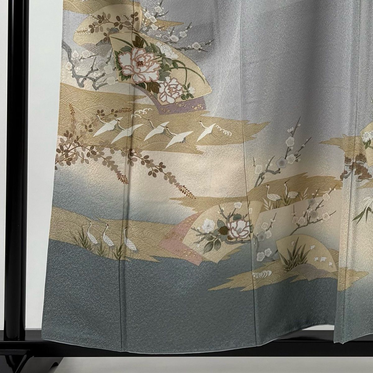訪問着 身丈159 cm 裄丈64 M 袷 扇面 花鳥 金糸 金彩 灰色 正絹 秀品