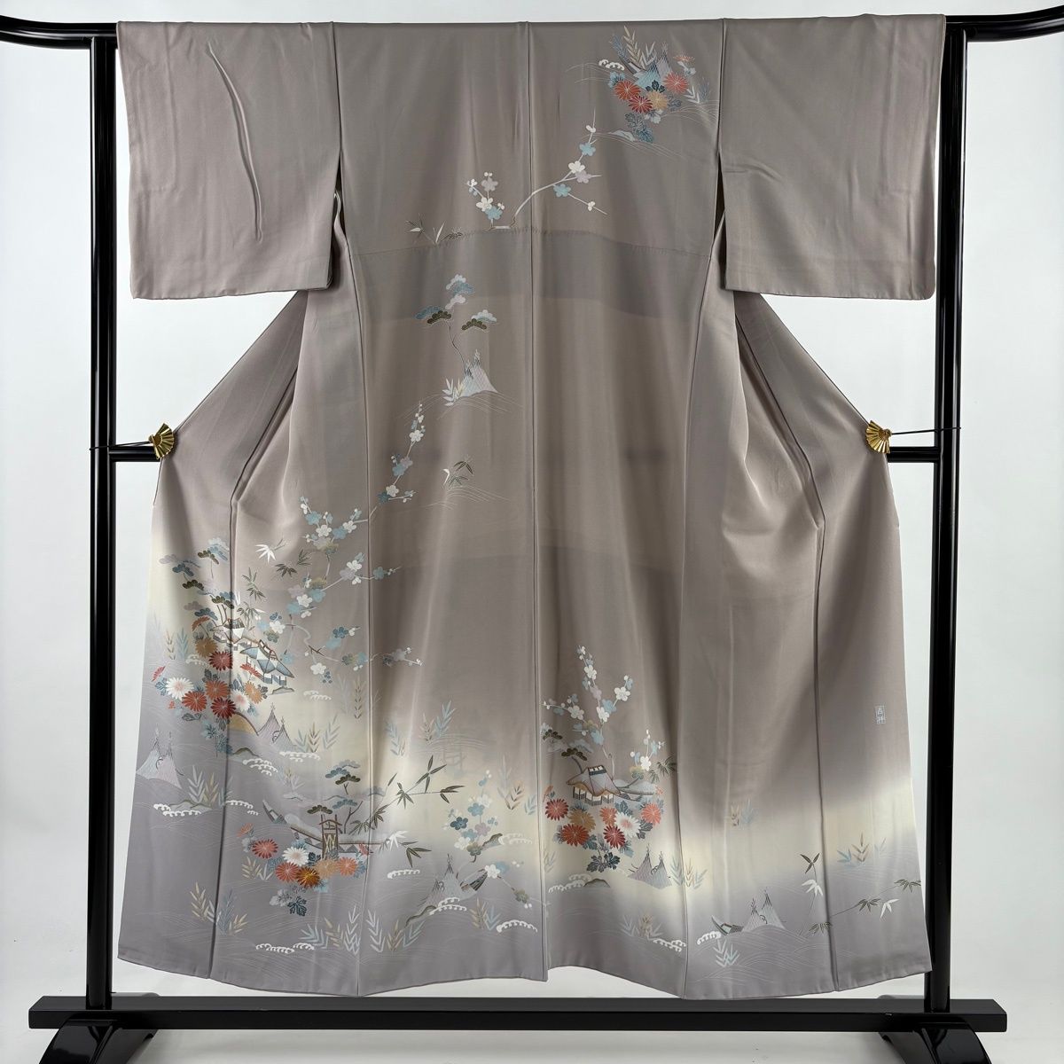 訪問着 身丈152 cm 裄丈63 S 袷 落款 家屋 松竹梅 金糸 ぼかし 灰紫 正絹 秀品