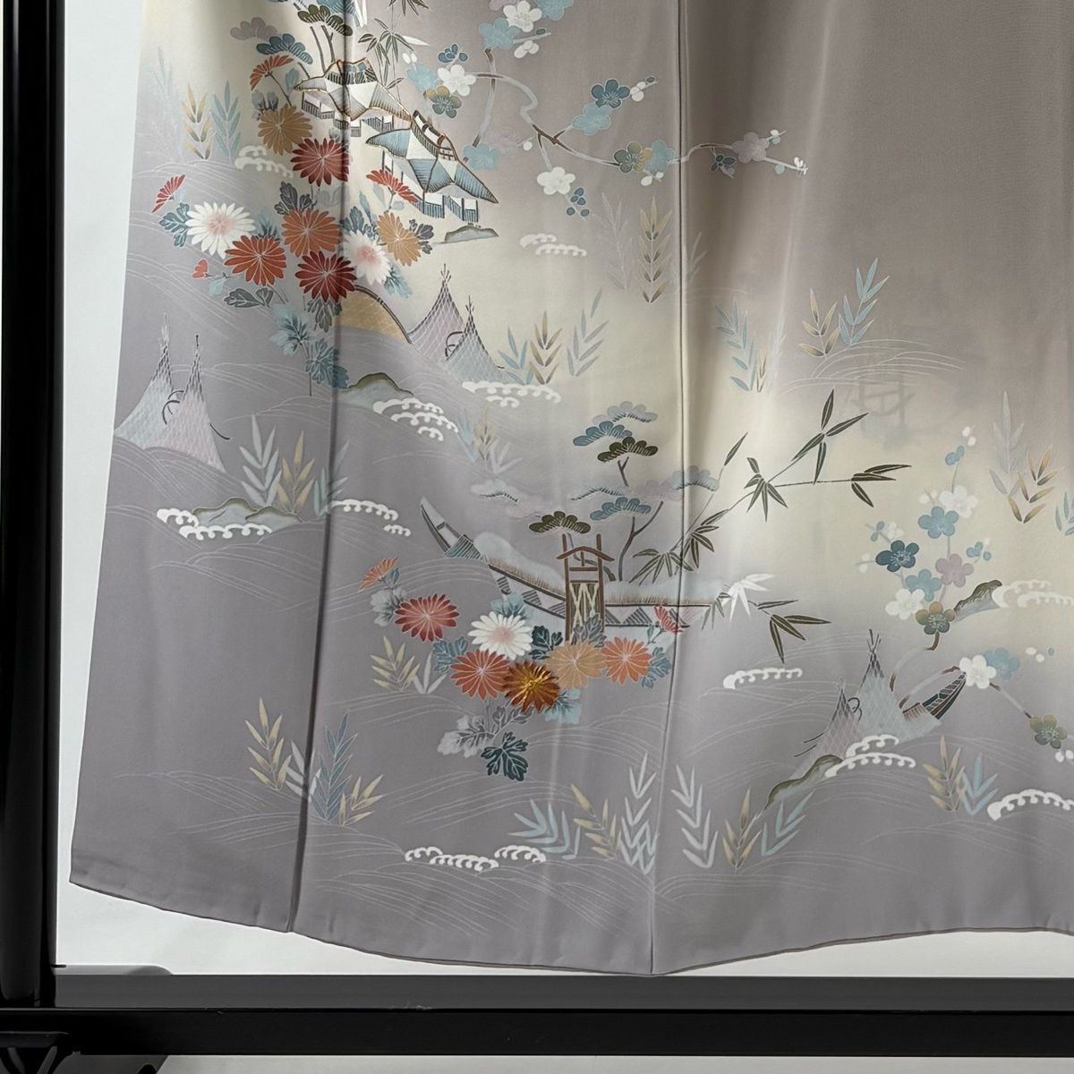 訪問着 身丈152 cm 裄丈63 S 袷 落款 家屋 松竹梅 金糸 ぼかし 灰紫 正絹 秀品