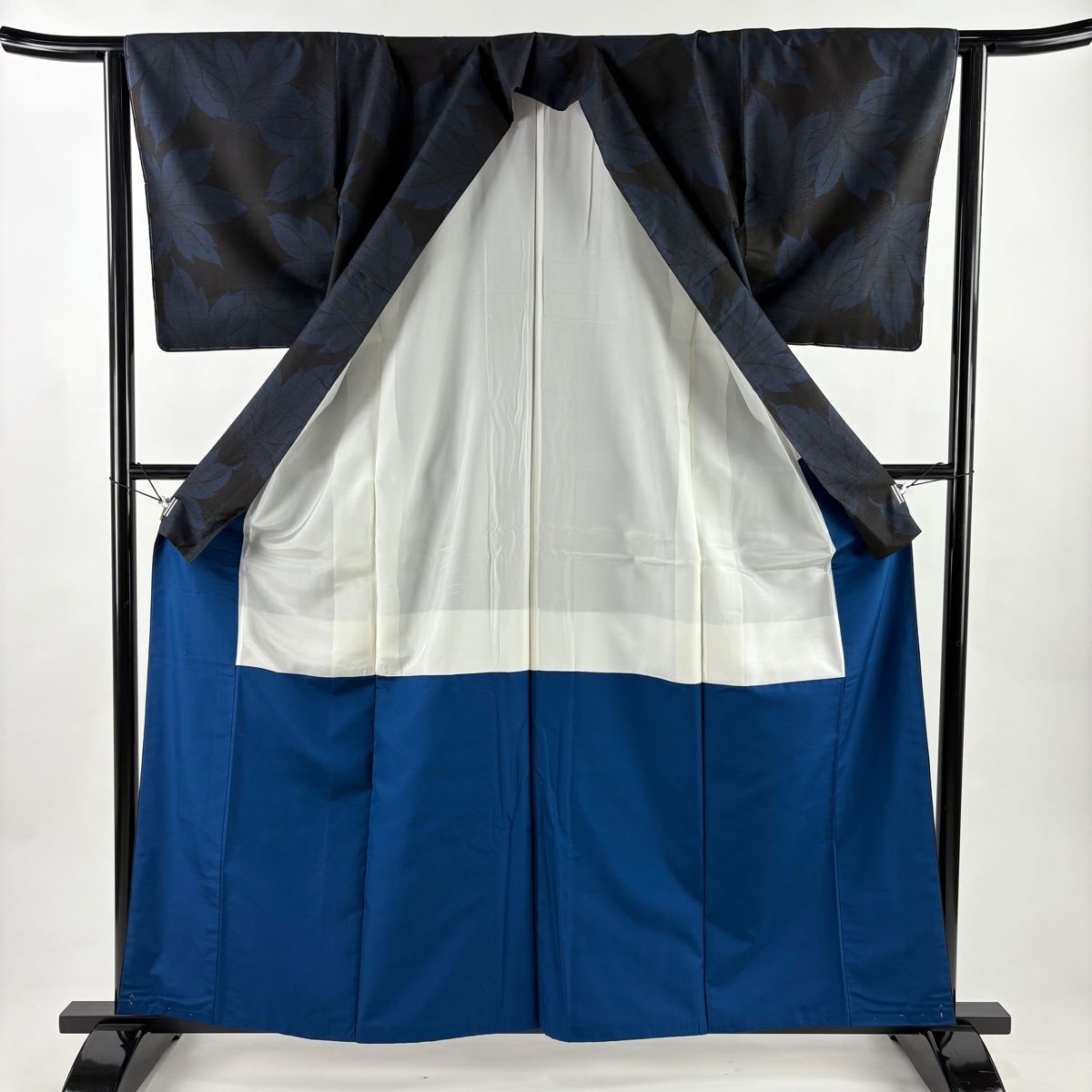  紬 身丈161 cm 裄丈64 M 袷 楓 青黒 正絹 秀品 紬 着物