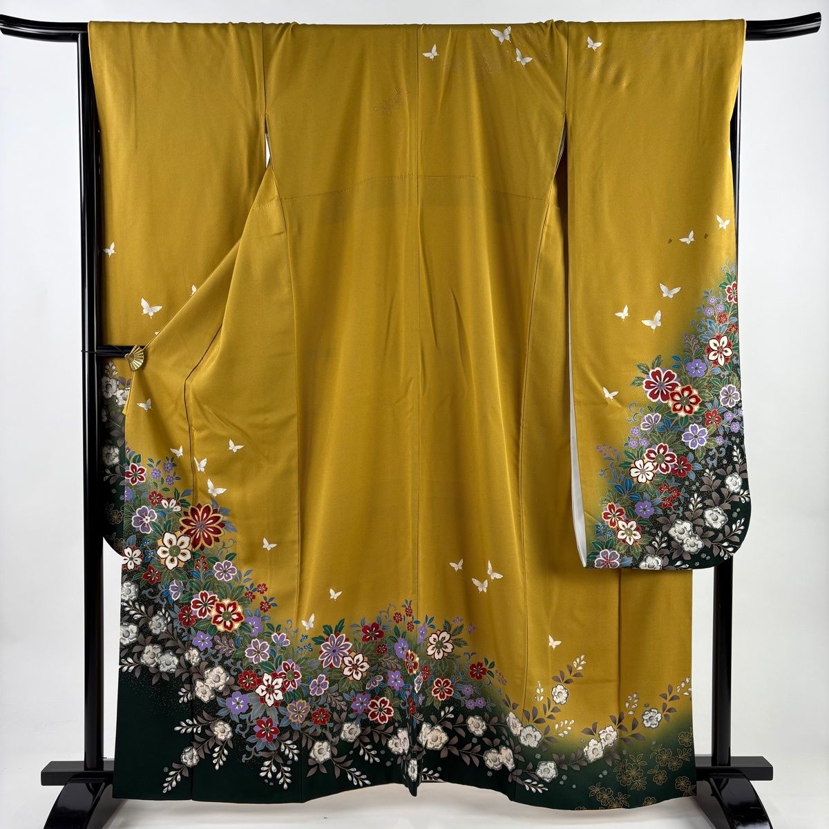 振袖 身丈163 cm 裄丈68 5 L 袷 草花 蝶 金糸 金彩 山吹色 正絹 秀品
