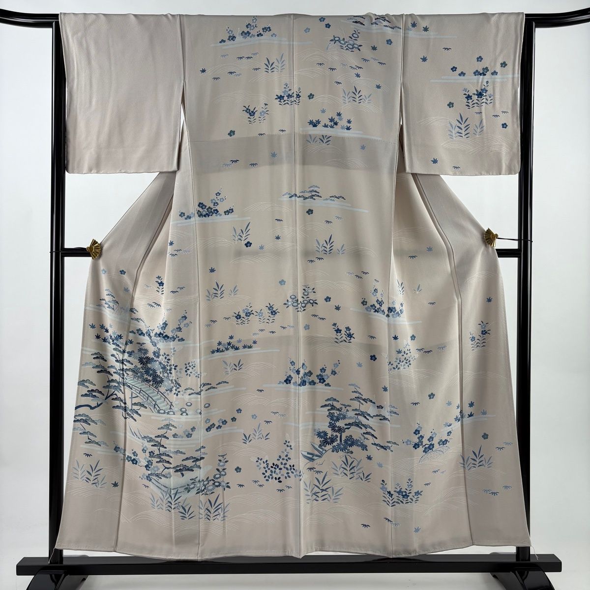 訪問着 身丈154 cm 裄丈66 M 袷 松竹梅 橋 灰色 正絹 秀品