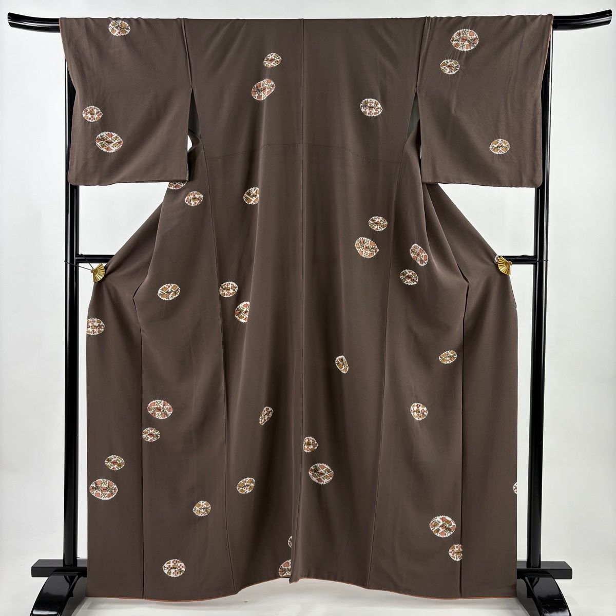 小紋 身丈162cm 裄丈68cm L 袷 幾何学 金彩 絞り 茶色 正絹 秀品