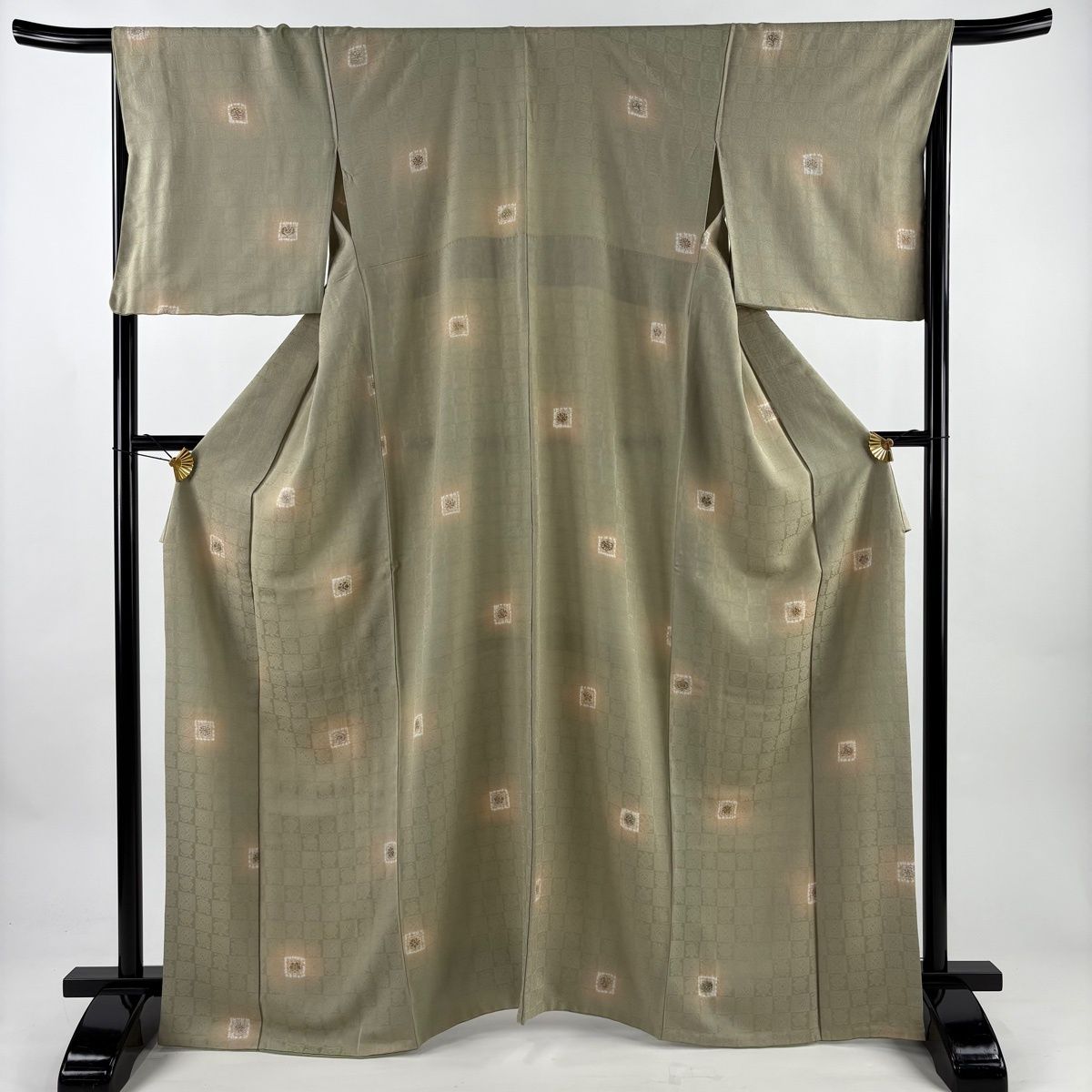 小紋 身丈166 cm 裄丈68 L 袷 草花 ぼかし 絞り 灰緑 正絹 秀品