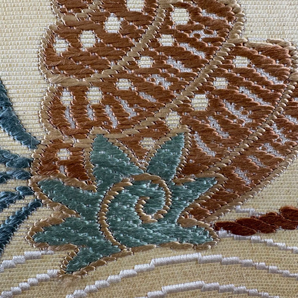 袋帯 秀品 貝 花 薄オレンジ 六通 正絹