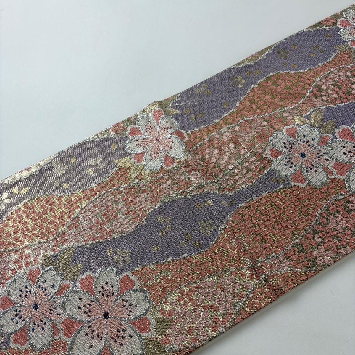  袋帯 秀品 桜 花びら 金銀糸 箔 ピンク 六通 正絹 袋帯 帯
