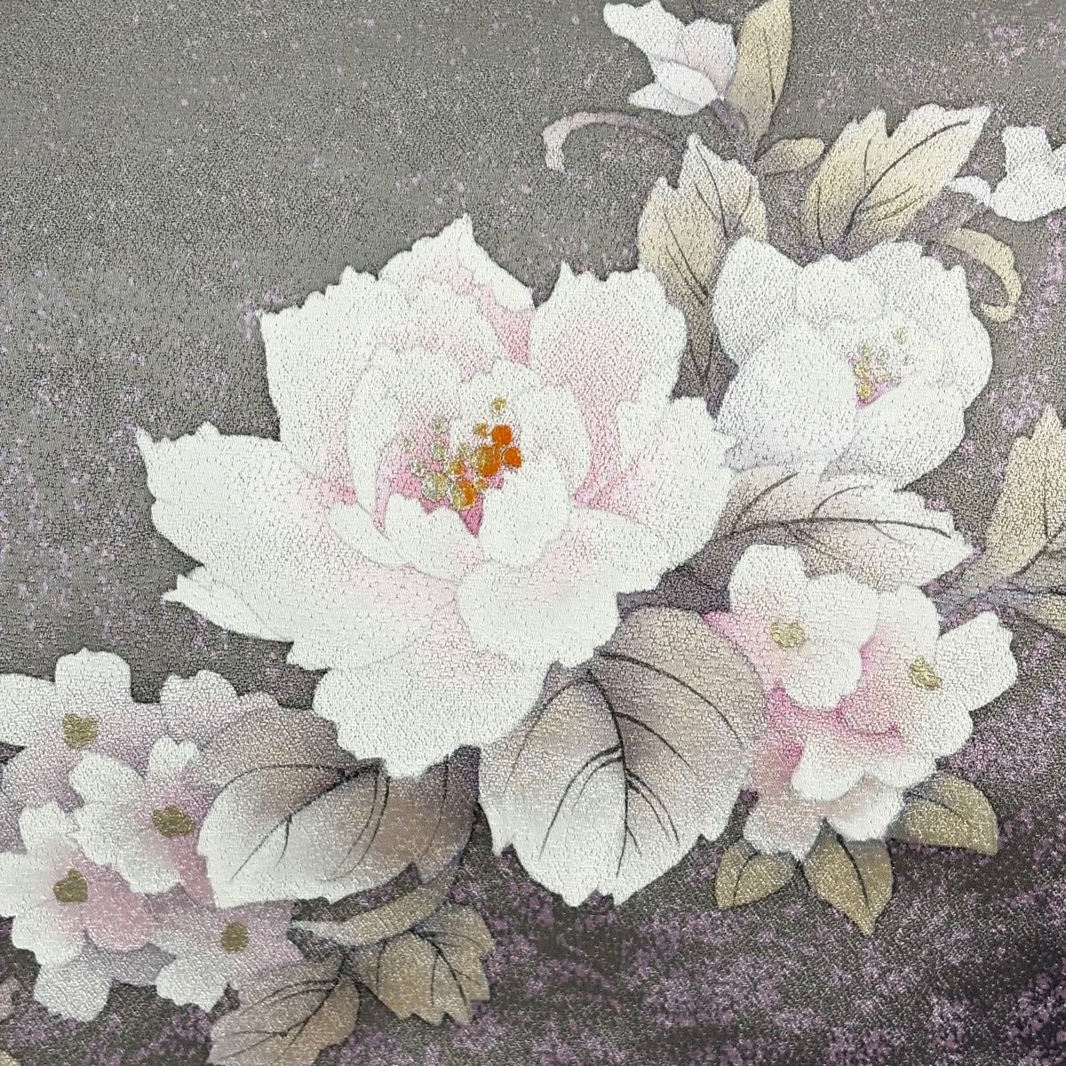 美品】 袋帯 秀品 落款 牡丹 草花 銀通し 金彩 灰紫 お太鼓柄 正絹