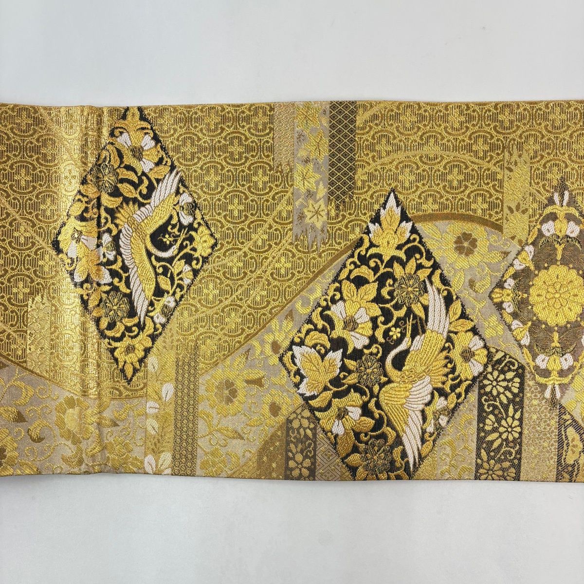  袋帯 秀品 鶴 草花 金糸 箔 金色 六通 正絹 袋帯 帯