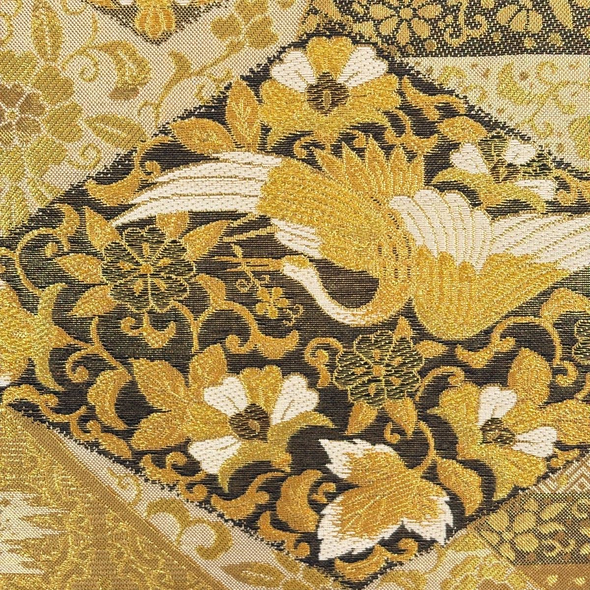 袋帯 秀品 鶴 草花 金糸 箔 金色 六通 正絹