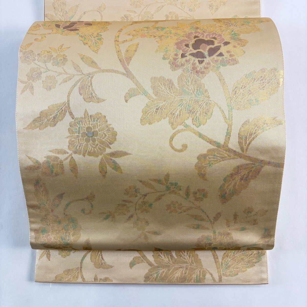 袋帯 秀品 落款 紋屋五左衛門 更紗 箔 ベージュ 六通 正絹