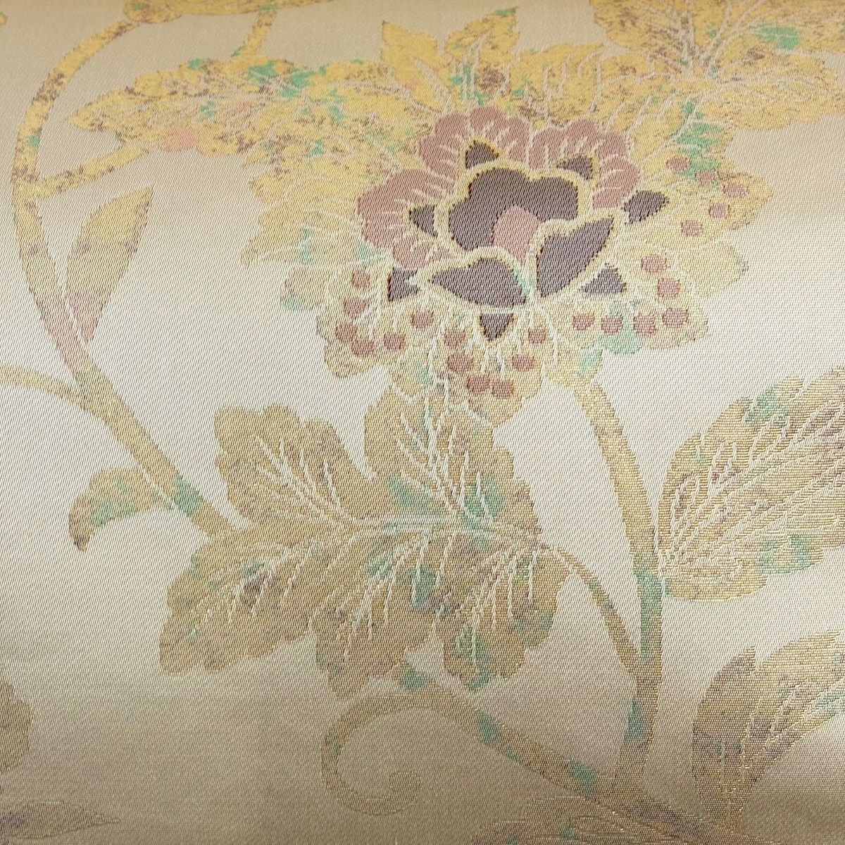 袋帯 秀品 落款 紋屋五左衛門 更紗 箔 ベージュ 六通 正絹