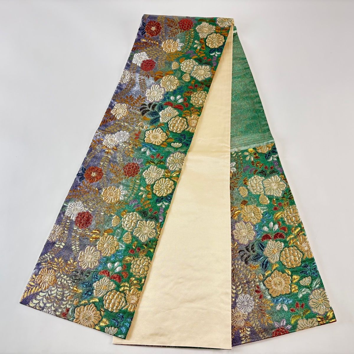 袋帯 秀品 辻ヶ花柄 箔 ぼかし 緑 六通 正絹 袋帯 帯