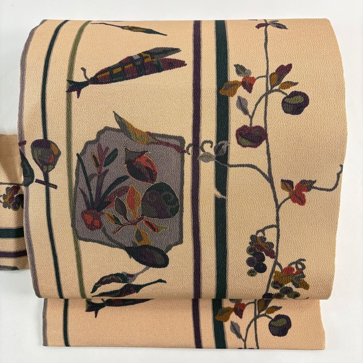 名古屋帯 秀品 破れ色紙 生り物 金彩 縮緬 薄茶色 正絹