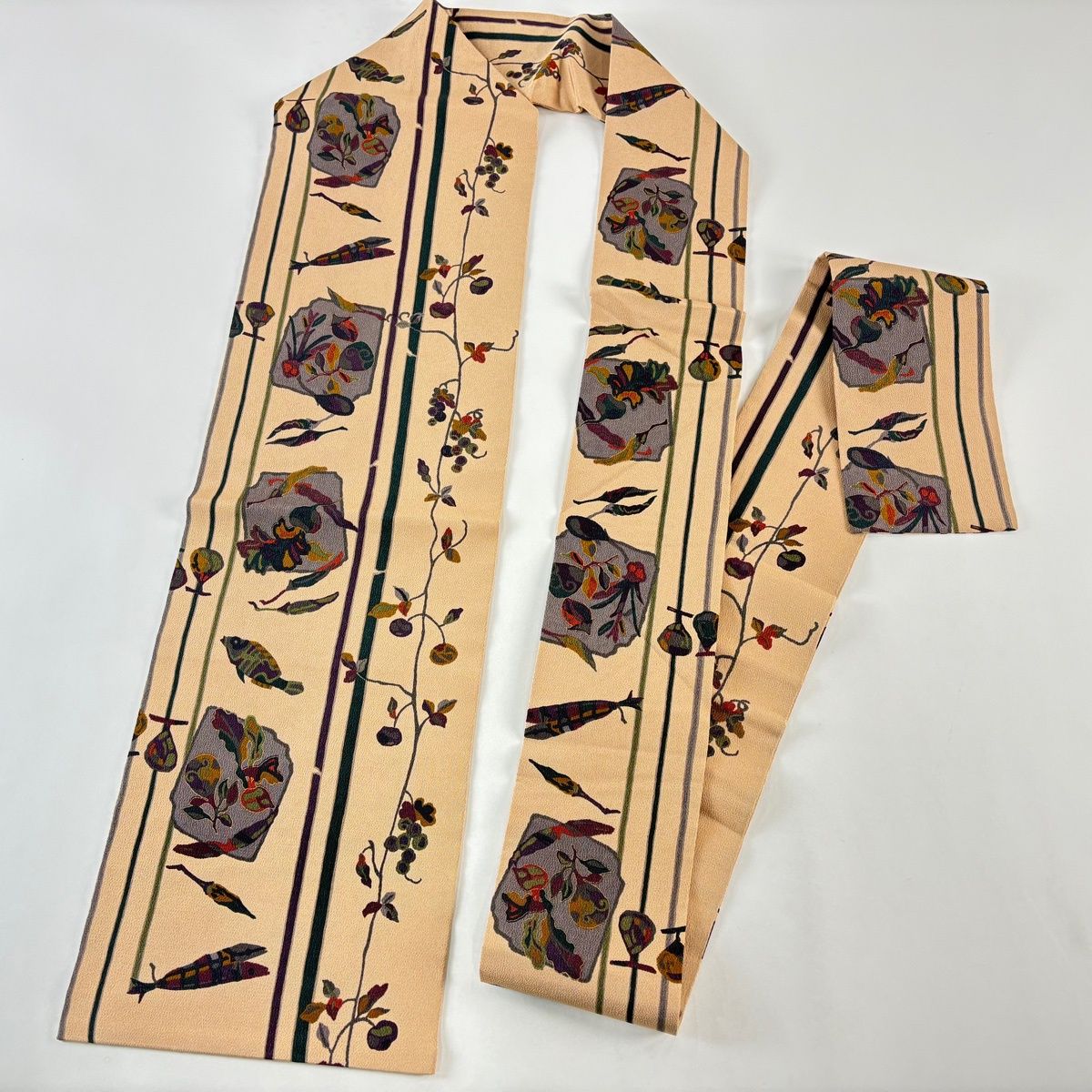  名古屋帯 秀品 破れ色紙 生り物 金彩 縮緬 薄茶色 正絹 名古屋帯 帯