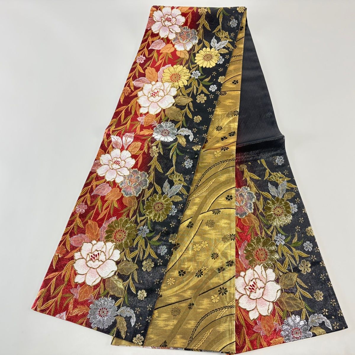  袋帯 秀品 草花 桜 箔 ぼかし えんじ色 六通 正絹 袋帯 帯