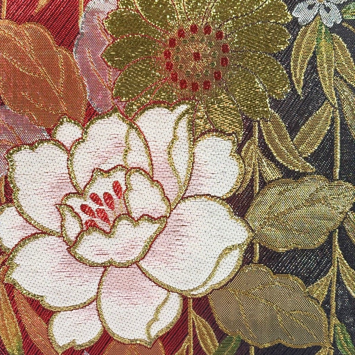 袋帯 秀品 草花 桜 箔 ぼかし えんじ色 六通 正絹