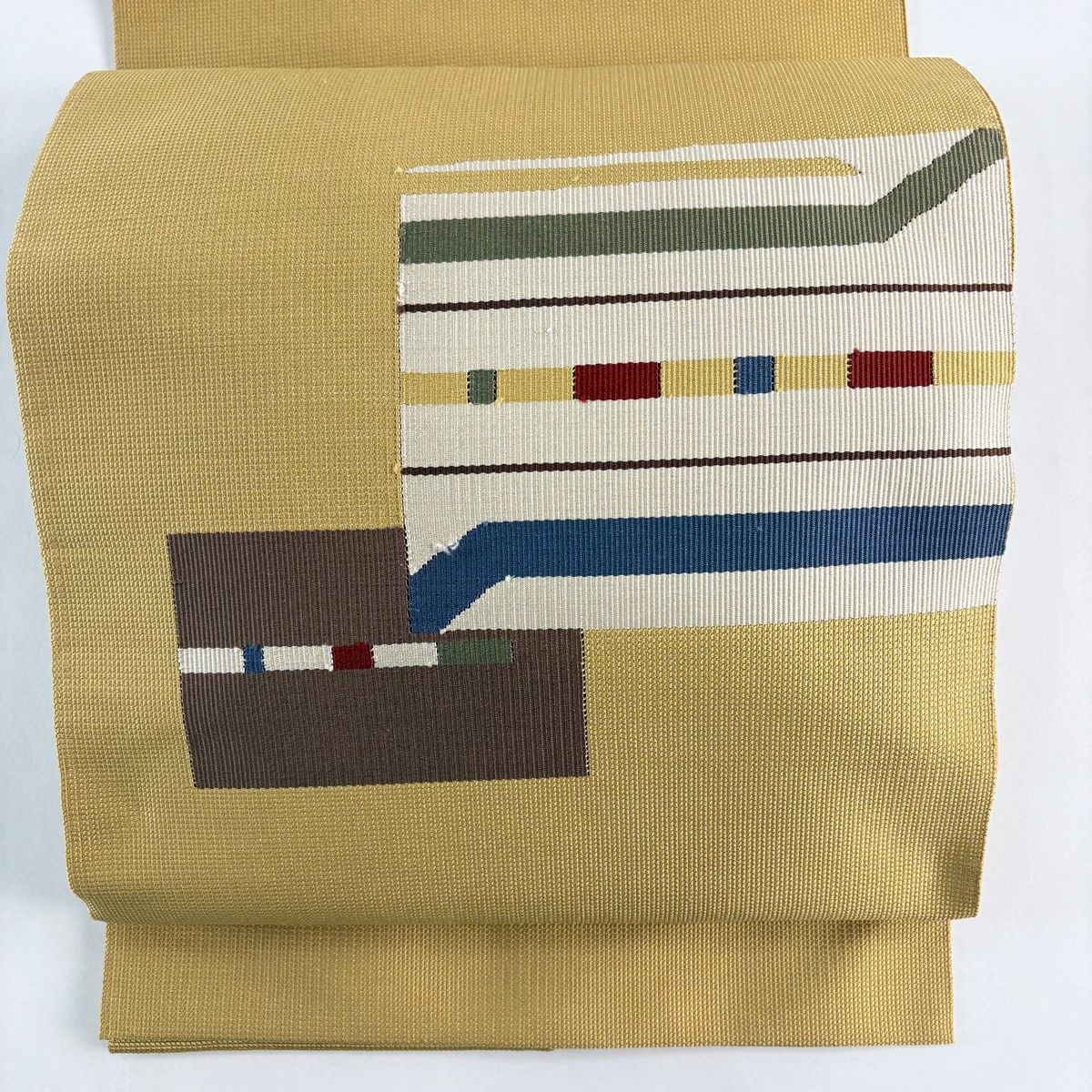 名古屋帯 秀品 松葉仕立て 八寸名古屋帯 幾何学模様 縞 ベージュ 正絹