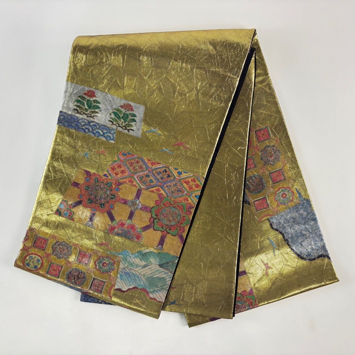 美品】 袋帯 秀品 手織り 華文 青海波 螺鈿箔 金色 お太鼓柄 正絹