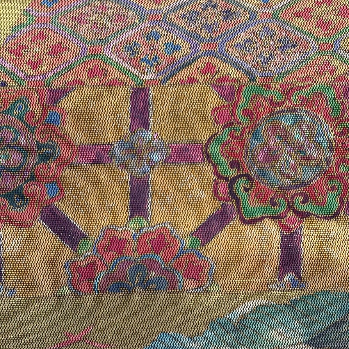 美品】 袋帯 秀品 手織り 華文 青海波 螺鈿箔 金色 お太鼓柄 正絹