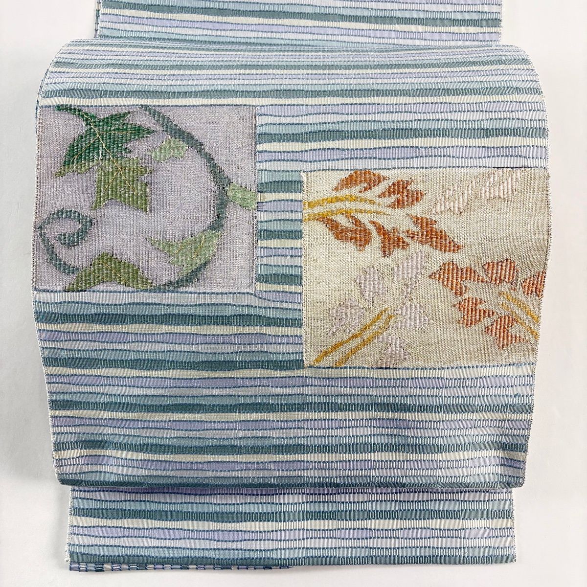 名古屋帯 秀品 松葉仕立て 八寸名古屋帯 縞 葉柄 金銀糸 灰緑 正絹