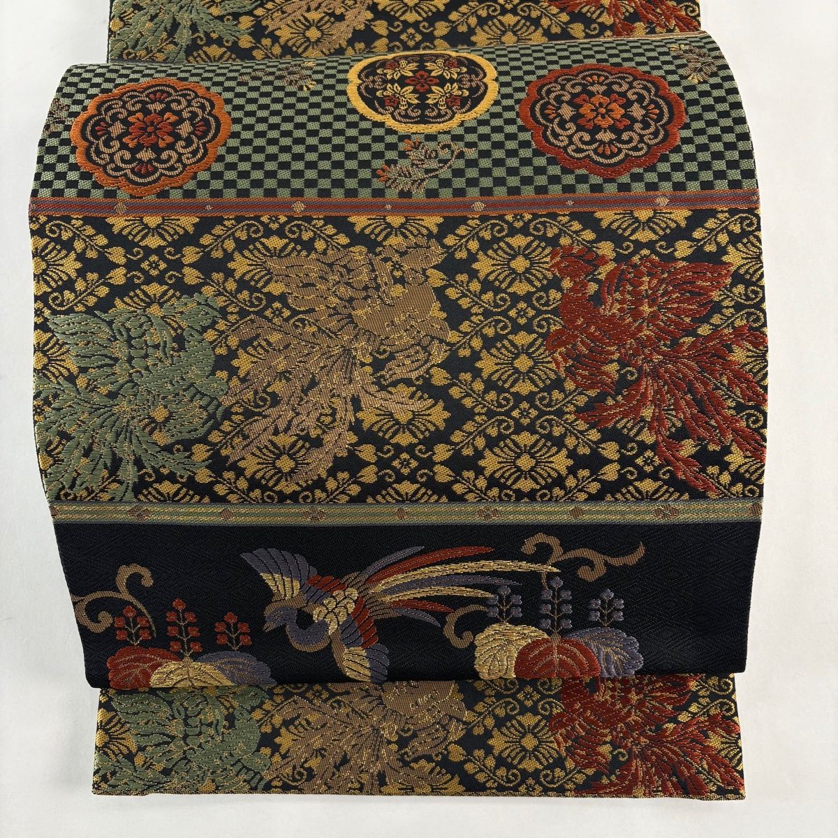 袋帯 秀品 尾長鳥 桐 唐織 箔 黒 六通 正絹