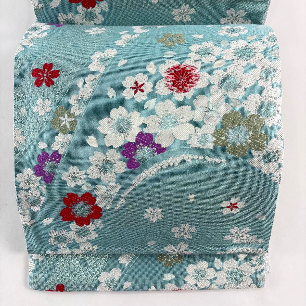 袋帯 秀品 証紙 桜 花びら 唐織 銀糸 水色 六通 正絹