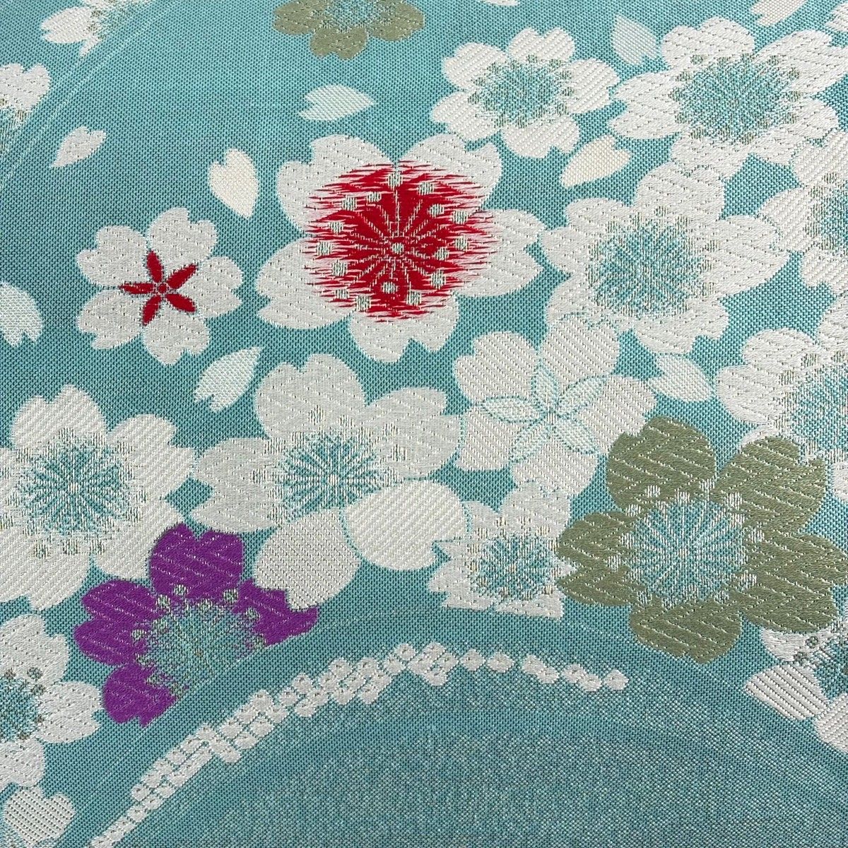 袋帯 秀品 証紙 桜 花びら 唐織 銀糸 水色 六通 正絹