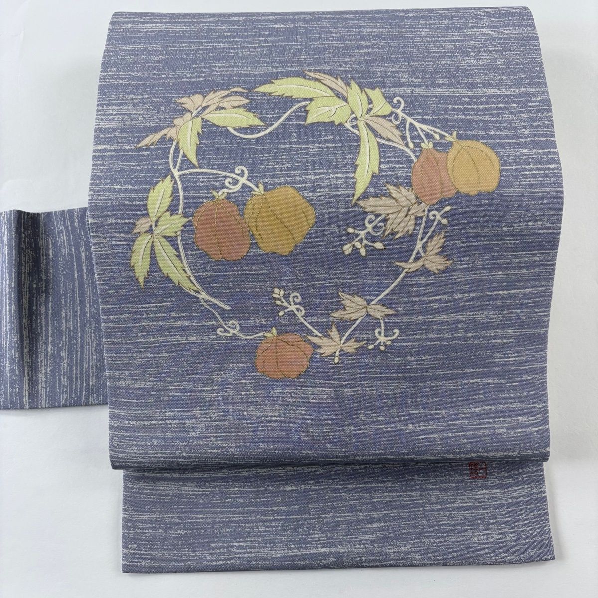 名古屋帯 秀品 落款 ほおずき 縞 金彩 青灰色 正絹