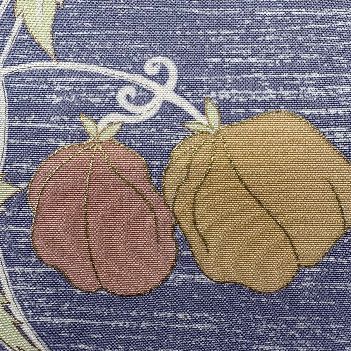名古屋帯 秀品 落款 ほおずき 縞 金彩 青灰色 正絹