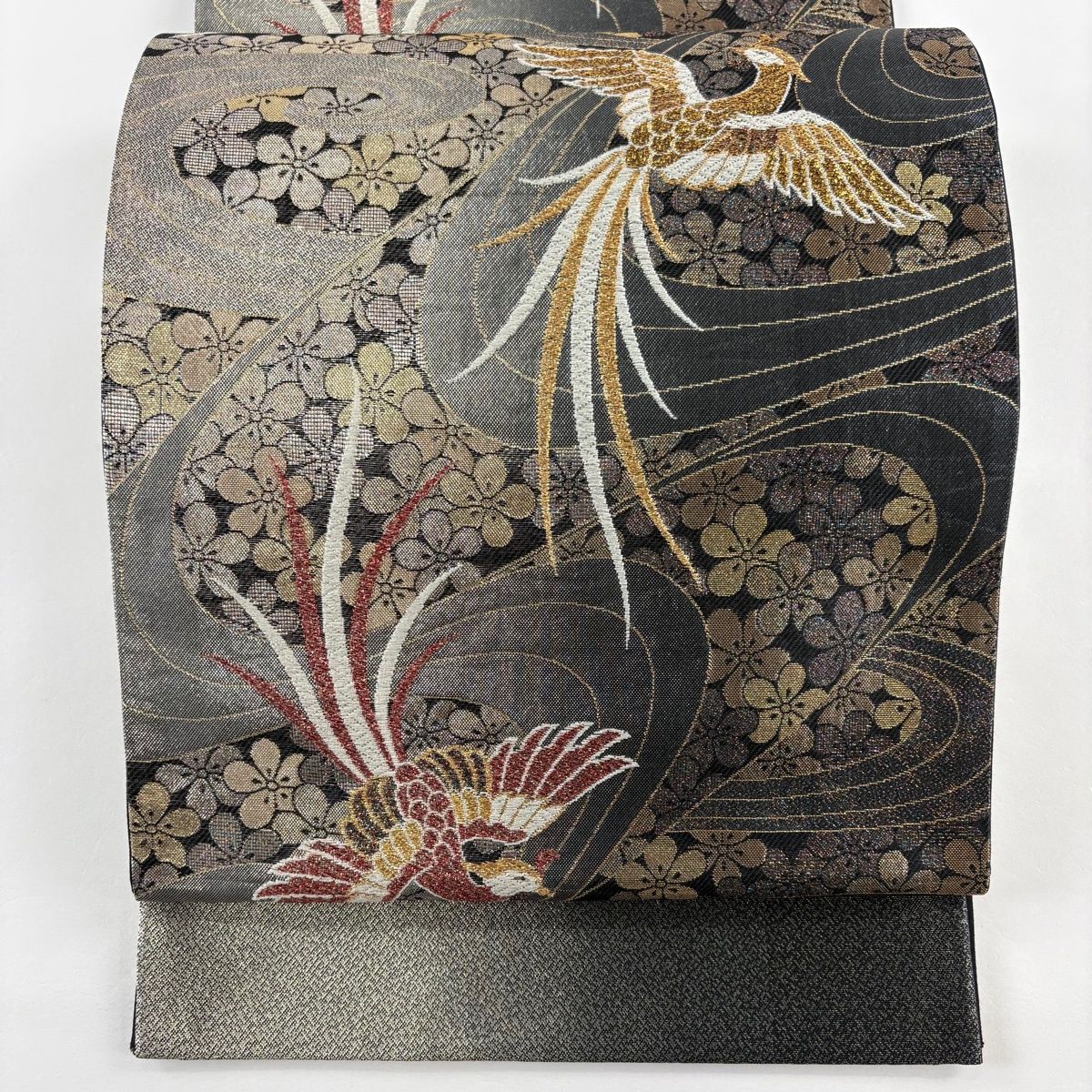 袋帯 秀品 振袖向き 尾長鳥 梅 箔 銀色 六通 正絹