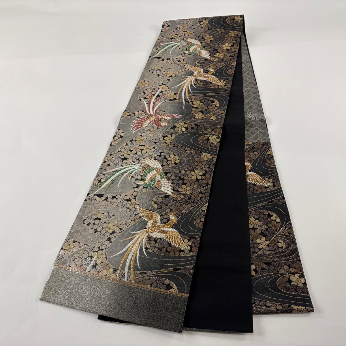  袋帯 秀品 振袖向き 尾長鳥 梅 箔 銀色 六通 正絹 袋帯 帯