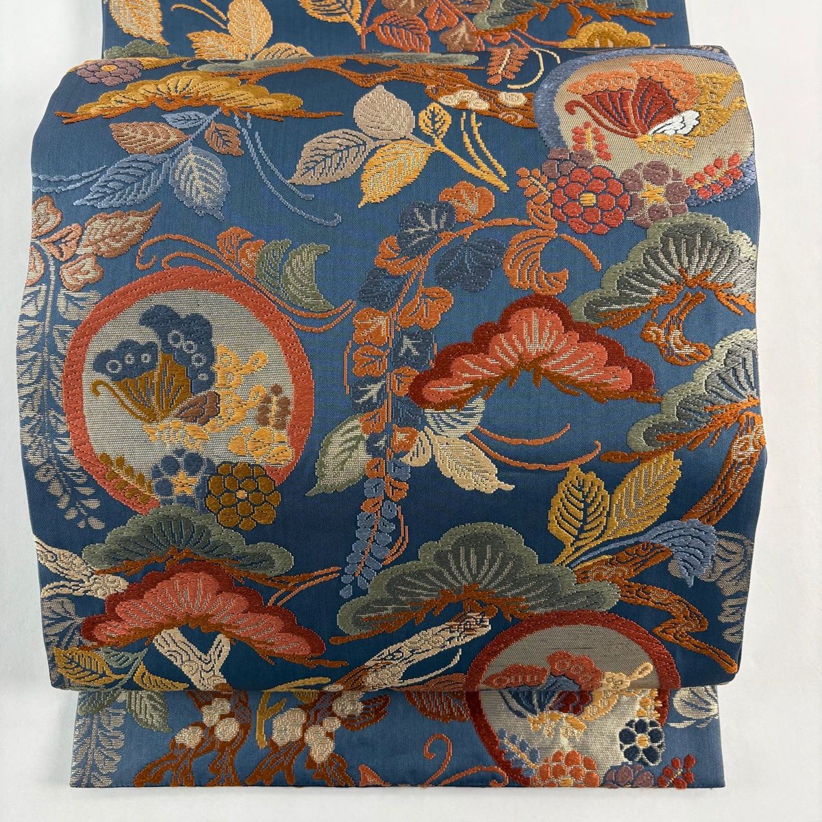 袋帯 秀品 松 蝶 唐織 箔 青灰色 六通 正絹