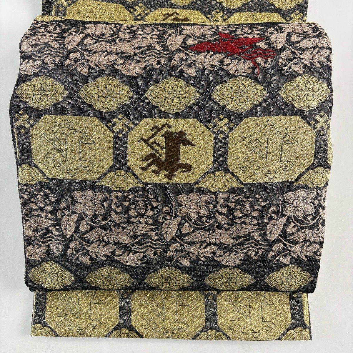 袋帯 秀品 花鳥 華文 箔 墨色 六通 正絹