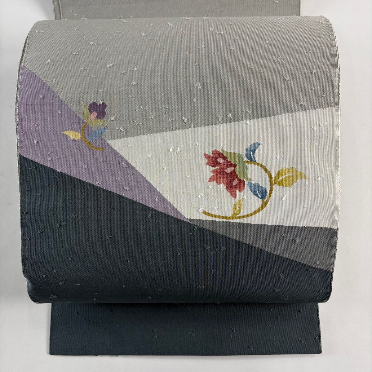 名古屋帯 秀品 松葉仕立て 八寸名古屋帯 髭紬地 草花 灰緑 正絹