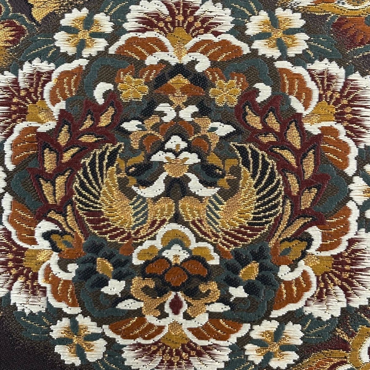 袋帯 秀品 華文 花唐草 箔 焦茶色 六通 正絹