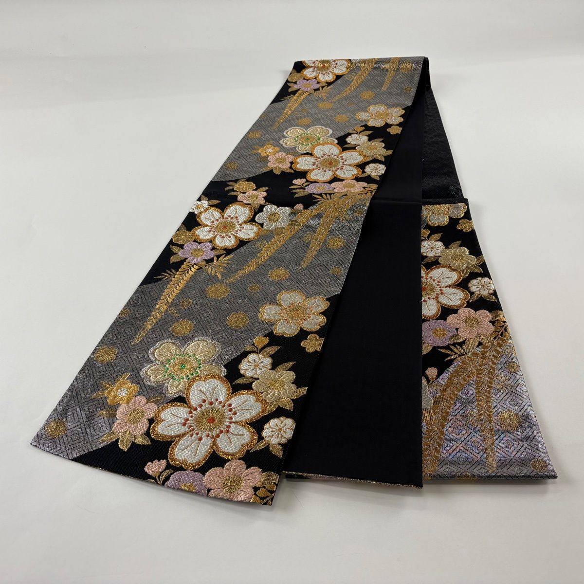  袋帯 秀品 桜 梅 金銀糸 箔 黒 六通 正絹 袋帯 帯